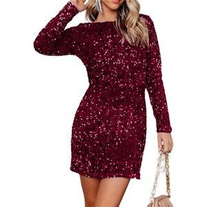 Women's Sequin Dress Velvet Warm Long Sleeve Wine Red